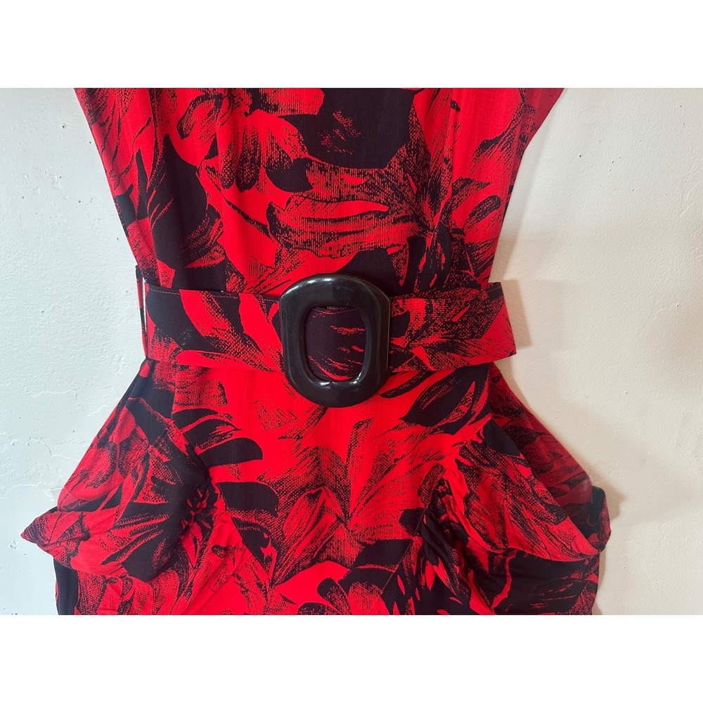 Joni Blair of California Vintage Red Black Floral Belted Midi Dress Size 9 - Picture 4 of 16